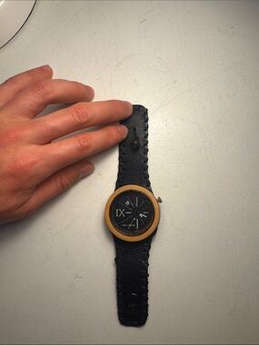 Black Leather Smartwatch with Wooden Bezel - Unbranded
